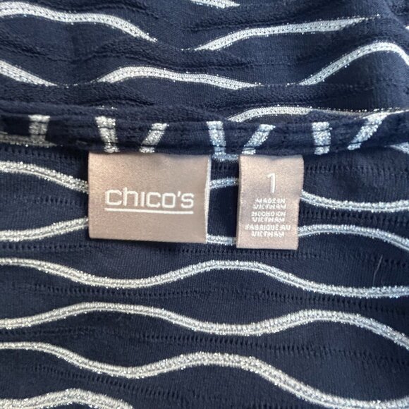 Chico's Womens Navy White Metallic Wave Pattern Three-Quarter Sleeve Top Size 1 - Picture 3 of 8